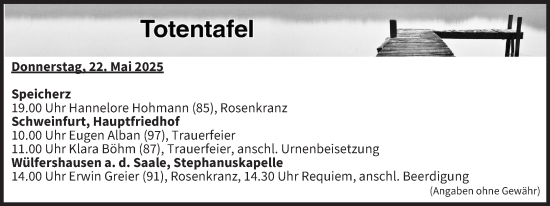 Anzeige von Totentafel vom 22.05.2025 von MGO