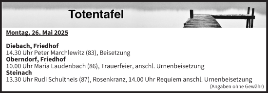 Anzeige von Totentafel vom 26.05.2025 von MGO