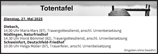 Anzeige von Totentafel vom 27.05.2025 von MGO