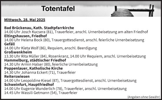 Anzeige von Totentafel vom 28.05.2025 von MGO