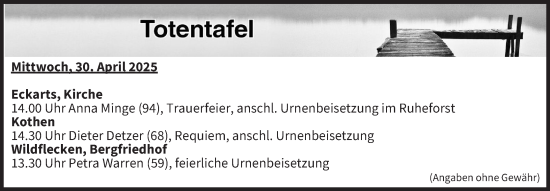 Anzeige von Totentafel vom 30.04.2025 von MGO