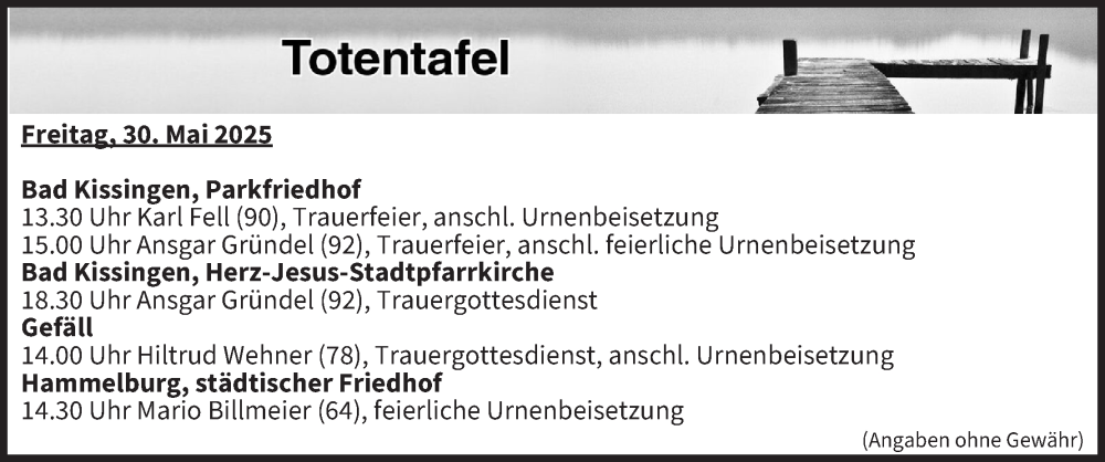  Traueranzeige für Totentafel vom 30.05.2025 vom 30.05.2025 aus MGO