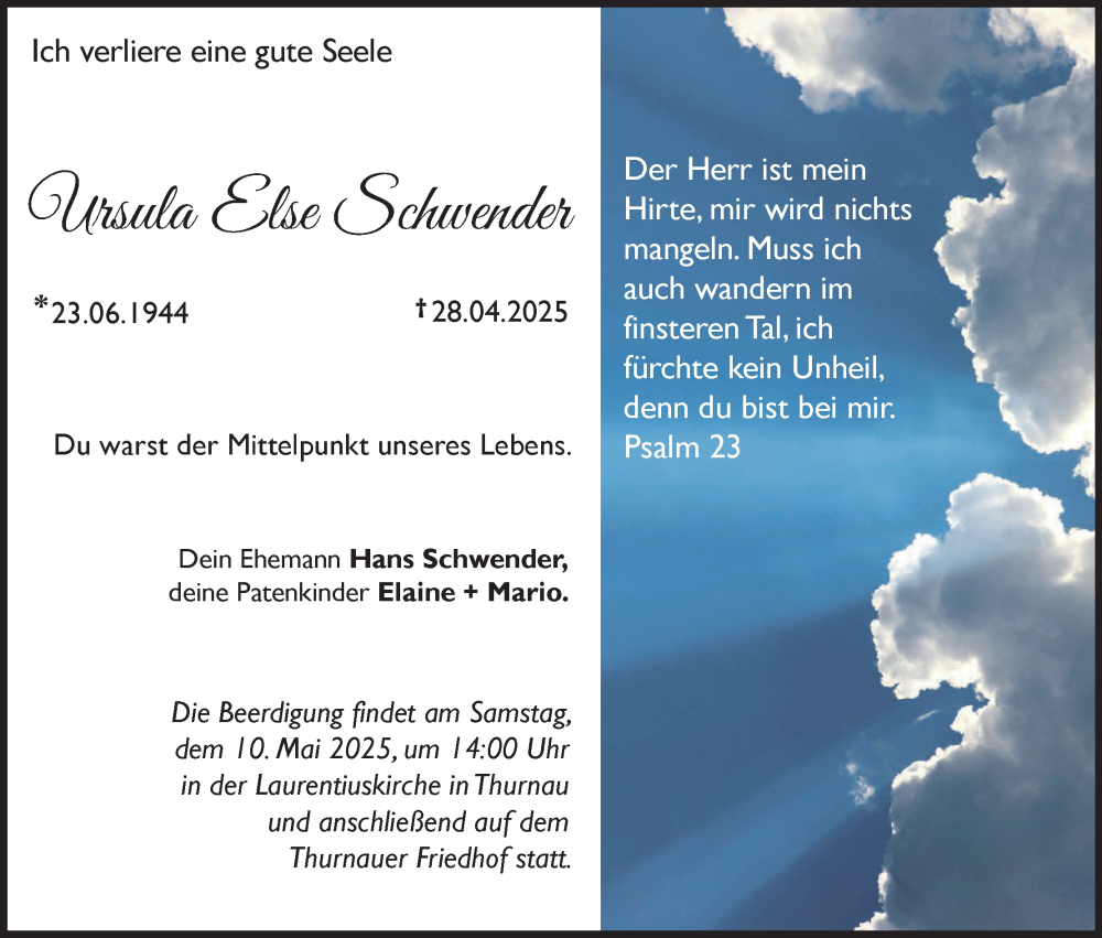  Traueranzeige für Ursula Else Schwender vom 03.05.2025 aus MGO
