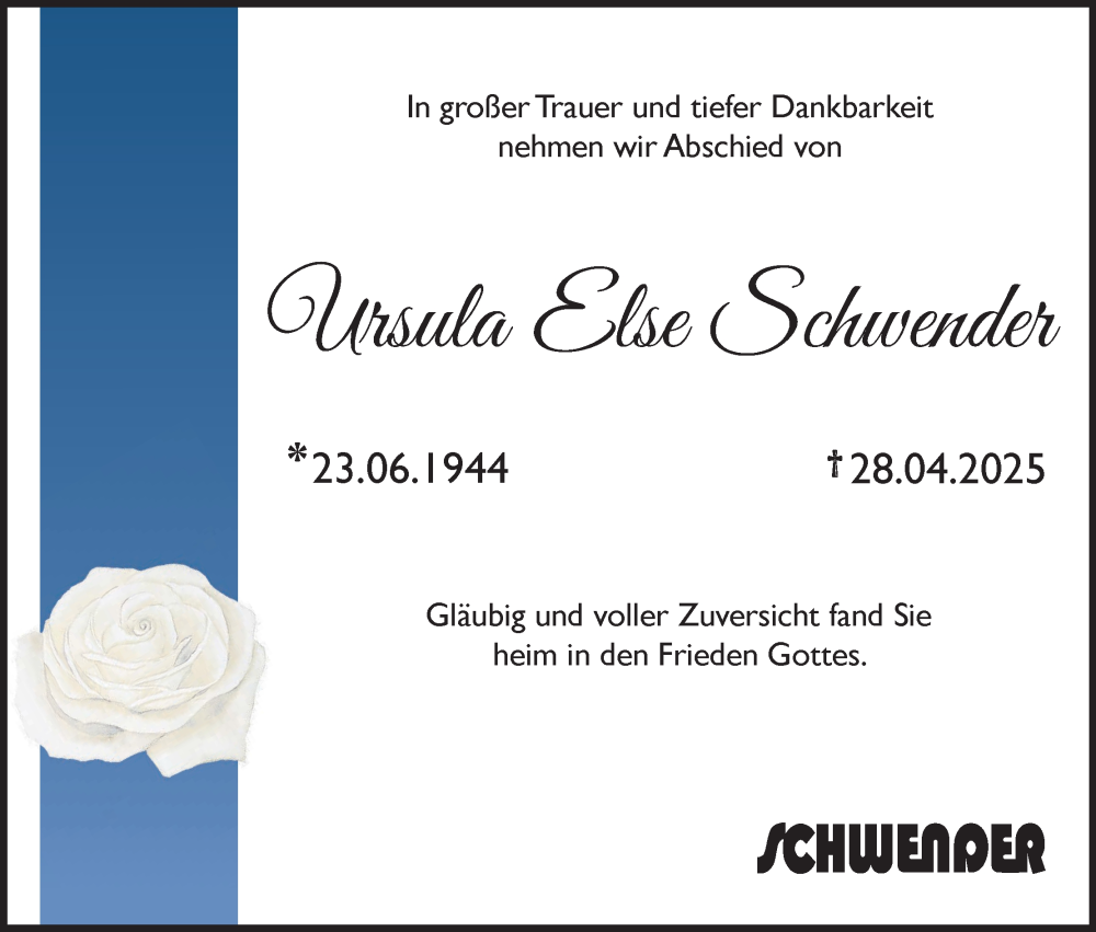  Traueranzeige für Ursula Else Schwender vom 03.05.2025 aus MGO