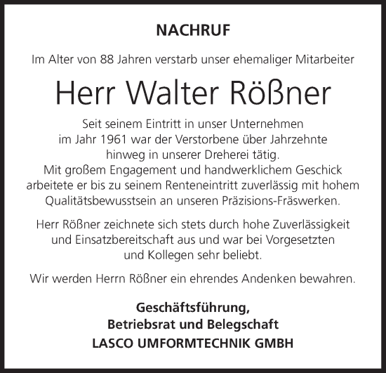 Anzeige von Walter Rößner von MGO