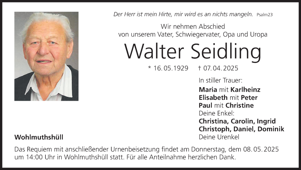  Traueranzeige für Walter Seidling vom 03.05.2025 aus MGO