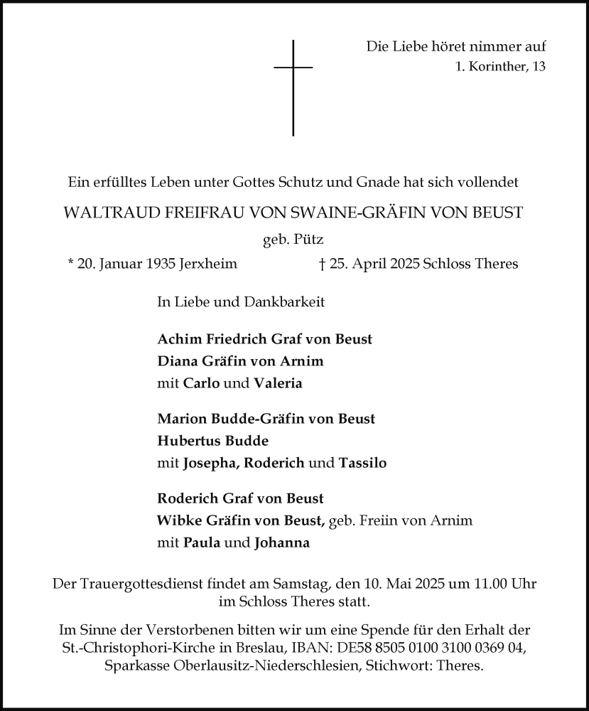  Traueranzeige für Waltraud Freifrau von Swaine-Gräfin von Beust vom 03.05.2025 aus MGO