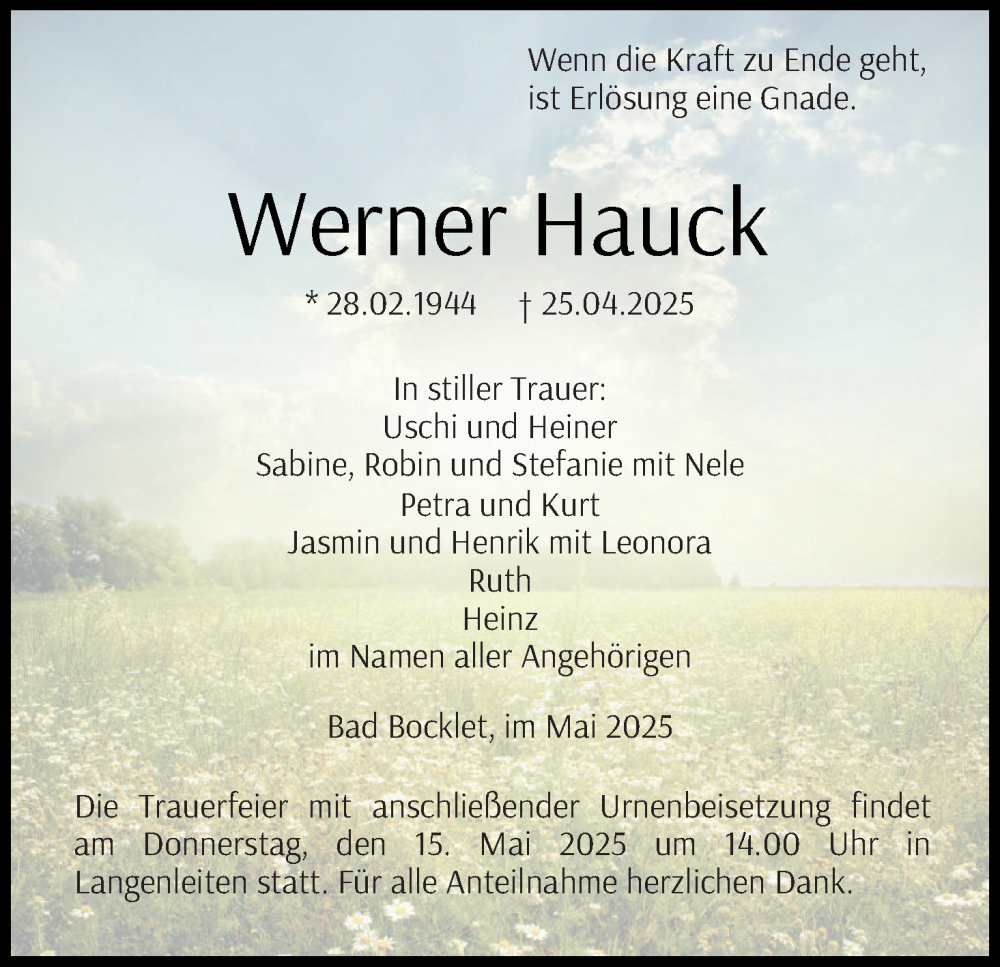 Traueranzeige für Werner Hauck vom 10.05.2025 aus MGO