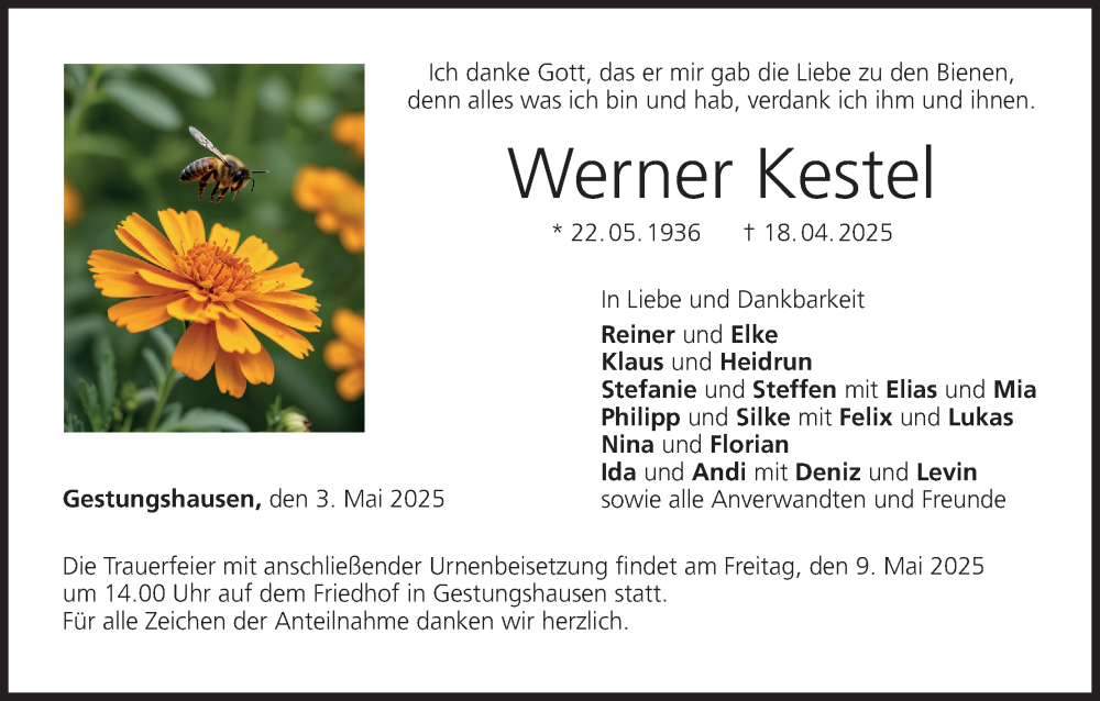  Traueranzeige für Werner Kestel vom 03.05.2025 aus MGO