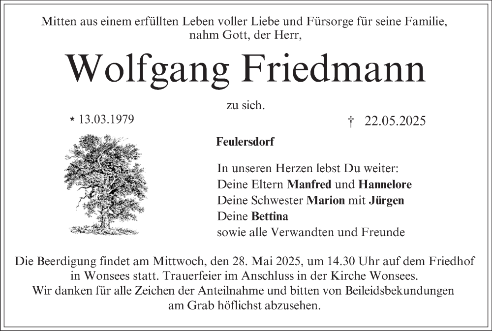  Traueranzeige für Wolfgang Friedmann vom 27.05.2025 aus MGO