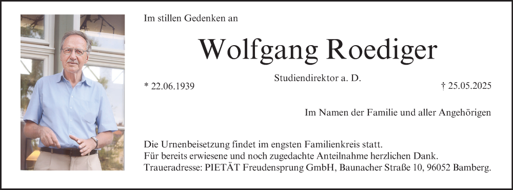  Traueranzeige für Wolfgang Roediger vom 31.05.2025 aus MGO