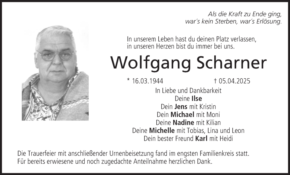  Traueranzeige für Wolfgang Scharner vom 03.05.2025 aus MGO