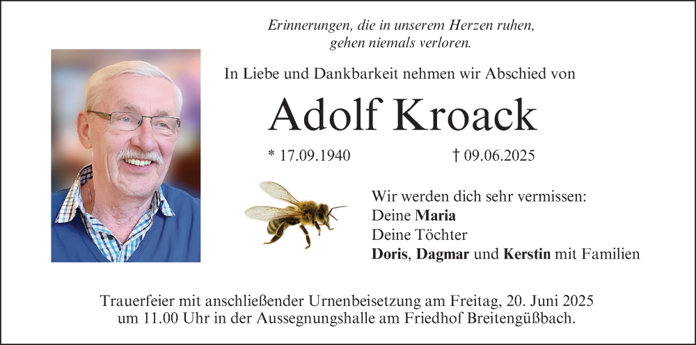  Traueranzeige für Adolf Kroack vom 14.06.2025 aus MGO