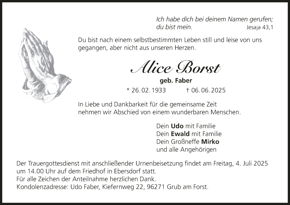  Traueranzeige für Alice Borst vom 21.06.2025 aus MGO