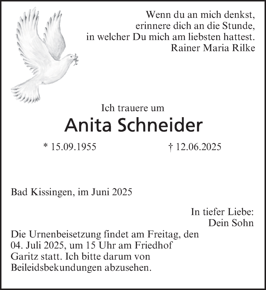  Traueranzeige für Anita Schneider vom 28.06.2025 aus MGO