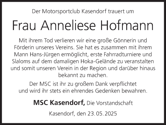 Anzeige von Anneliese Hofmann von MGO