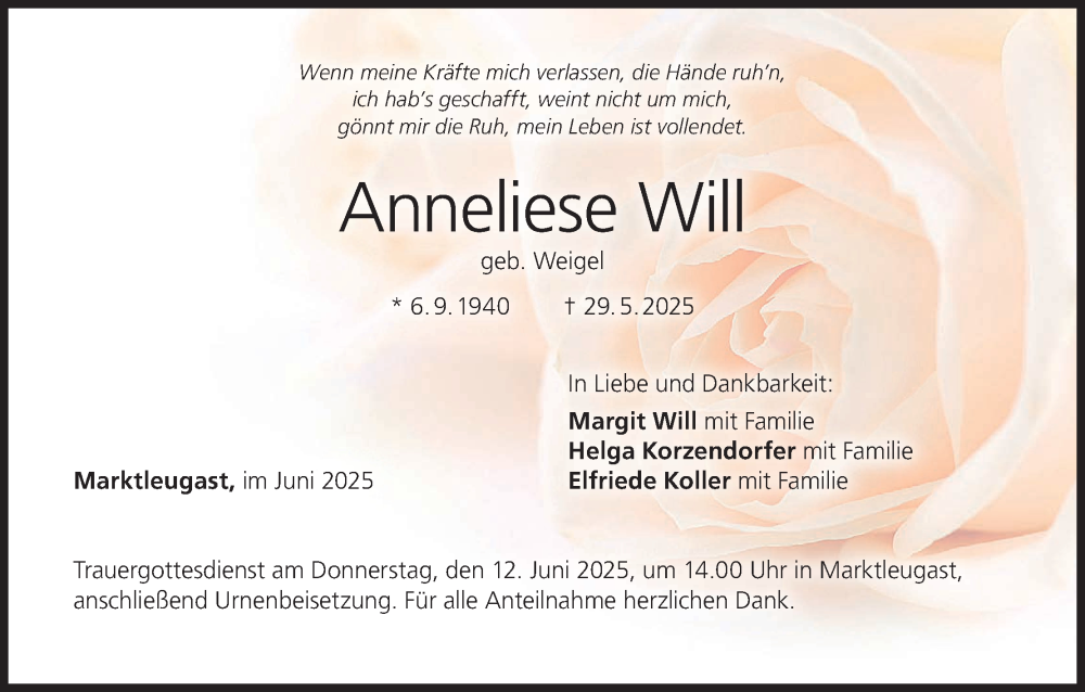  Traueranzeige für Anneliese Will vom 07.06.2025 aus MGO