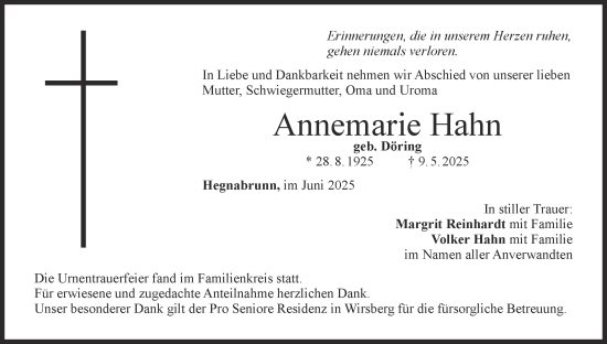 Anzeige von Annemarie Hahn von MGO
