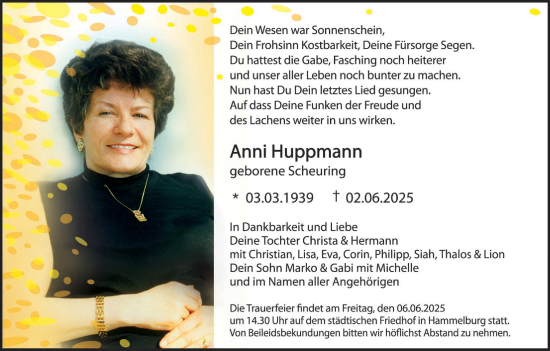 Anzeige von Anni Huppmann von MGO