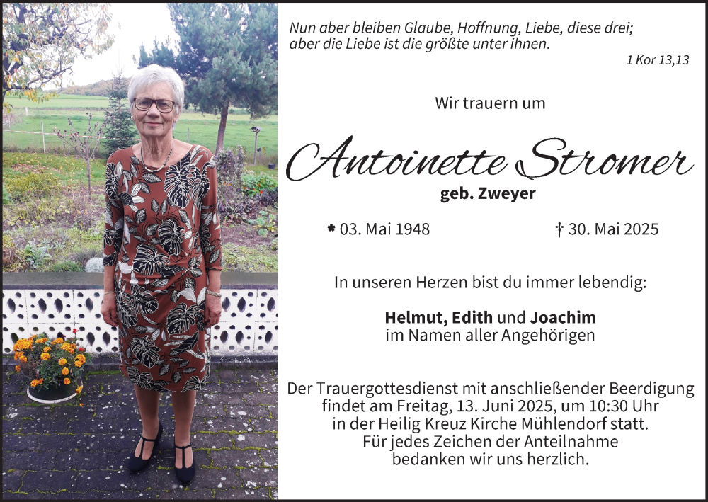  Traueranzeige für Antoinette Stromer vom 07.06.2025 aus MGO