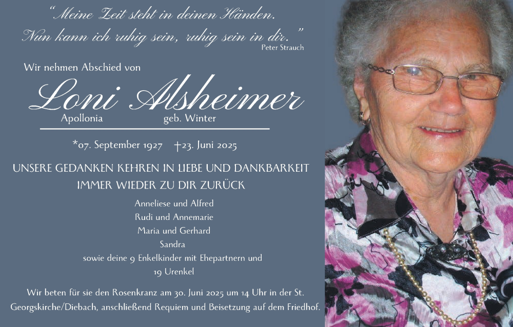  Traueranzeige für Apollonia Alsheimer vom 28.06.2025 aus MGO