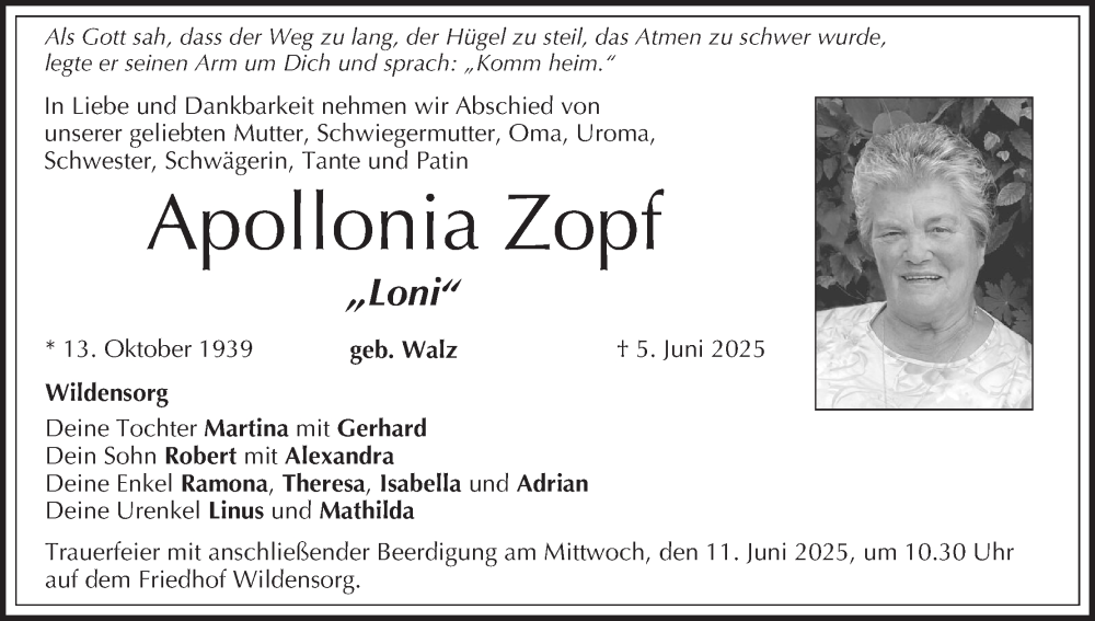  Traueranzeige für Apollonia Zopf vom 07.06.2025 aus MGO