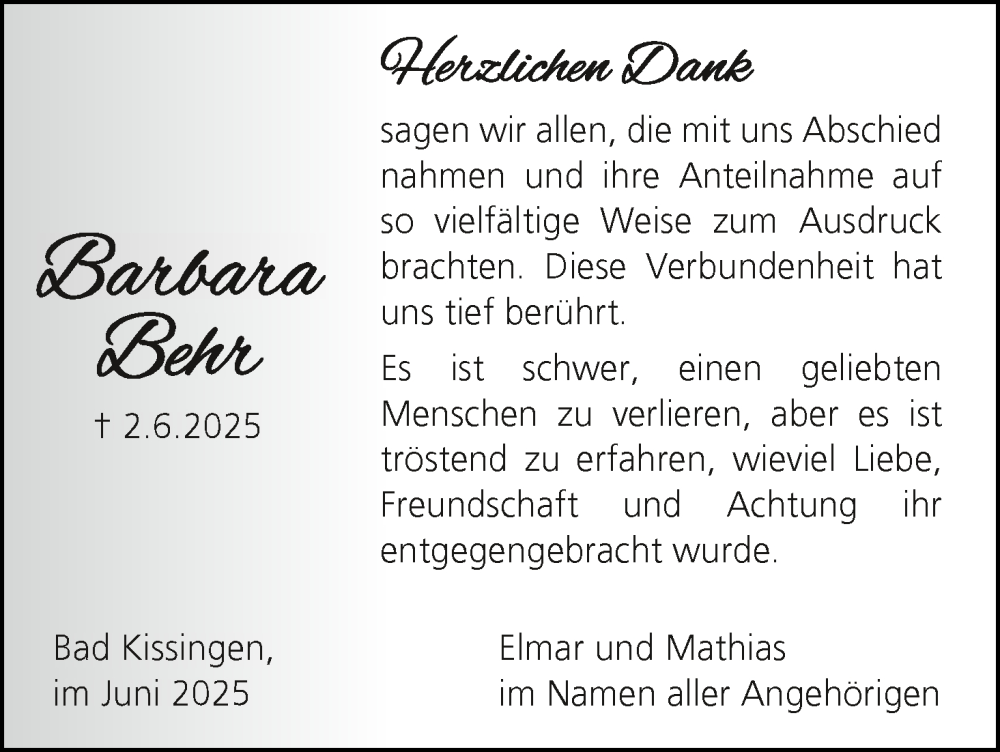  Traueranzeige für Barbara Behr vom 21.06.2025 aus MGO
