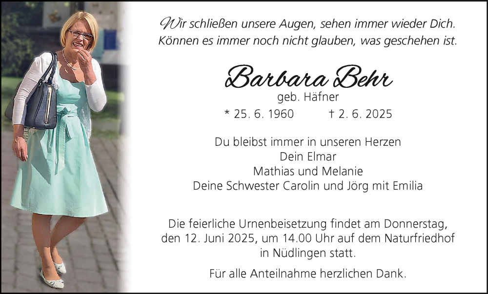  Traueranzeige für Barbara Behr vom 07.06.2025 aus MGO