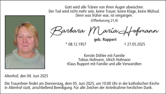 Anzeige von Barbara Maria  Hofmann von MGO
