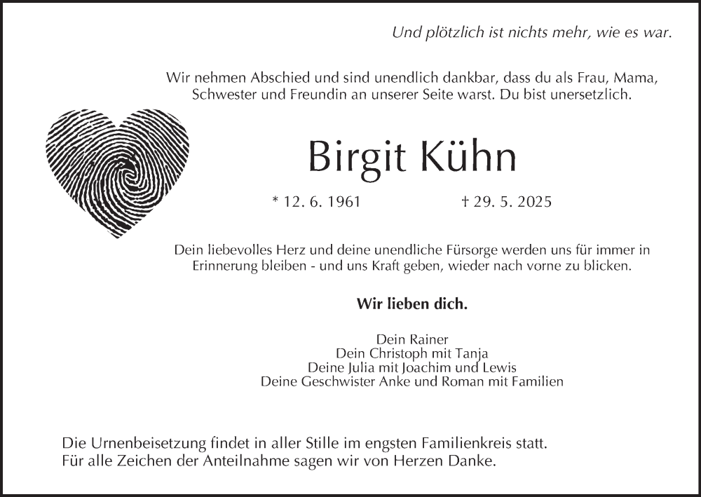  Traueranzeige für Birgit Kühn vom 07.06.2025 aus MGO