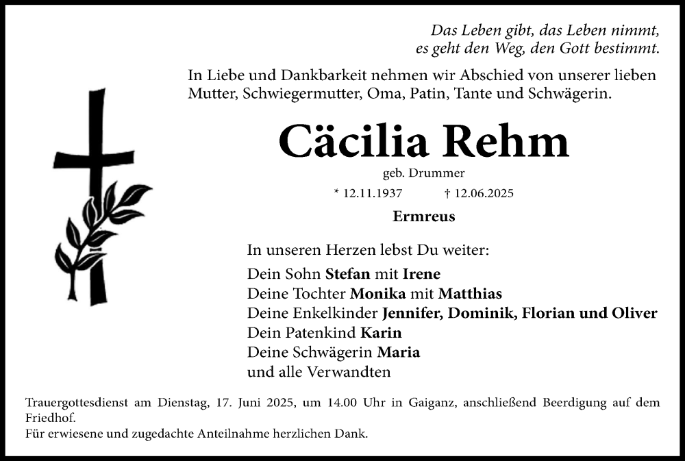  Traueranzeige für Cäcilia Rehm vom 17.06.2025 aus MGO