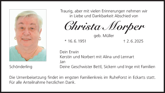 Anzeige von Christa Morper von MGO