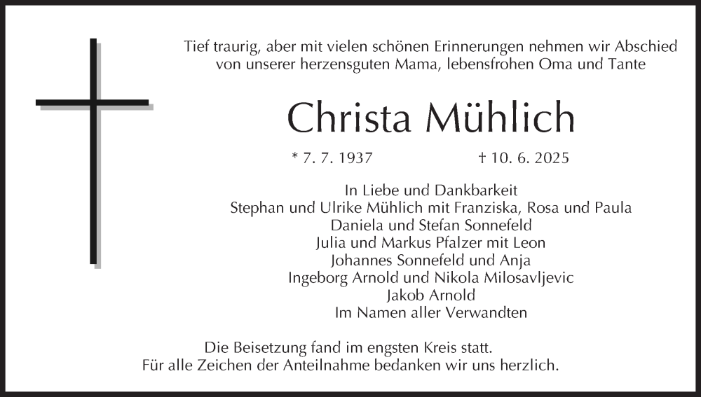  Traueranzeige für Christa Mühlich vom 28.06.2025 aus MGO