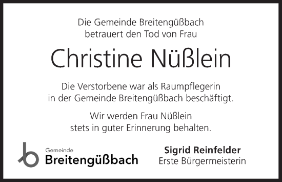 Anzeige von Christine Nüßlein von MGO