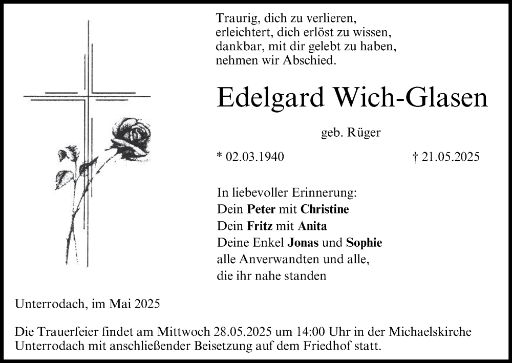  Traueranzeige für Edelgard Wich-Glasen vom 24.05.2025 aus MGO