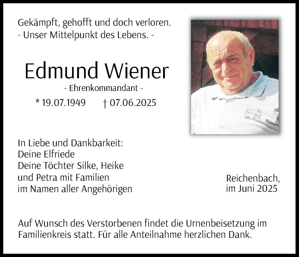 Traueranzeige für Edmund Wiener vom 14.06.2025 aus MGO