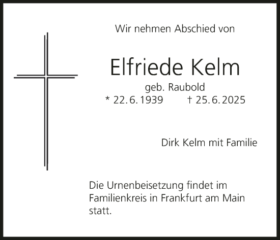 Anzeige von Elfriede Kelm von MGO