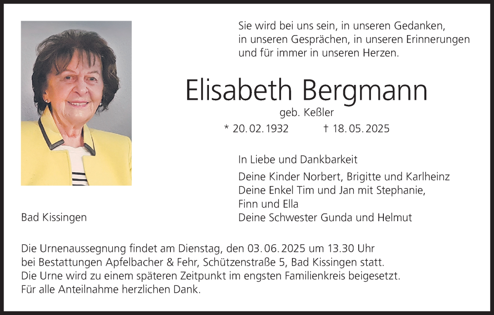  Traueranzeige für Elisabeth Bergmann vom 24.05.2025 aus MGO