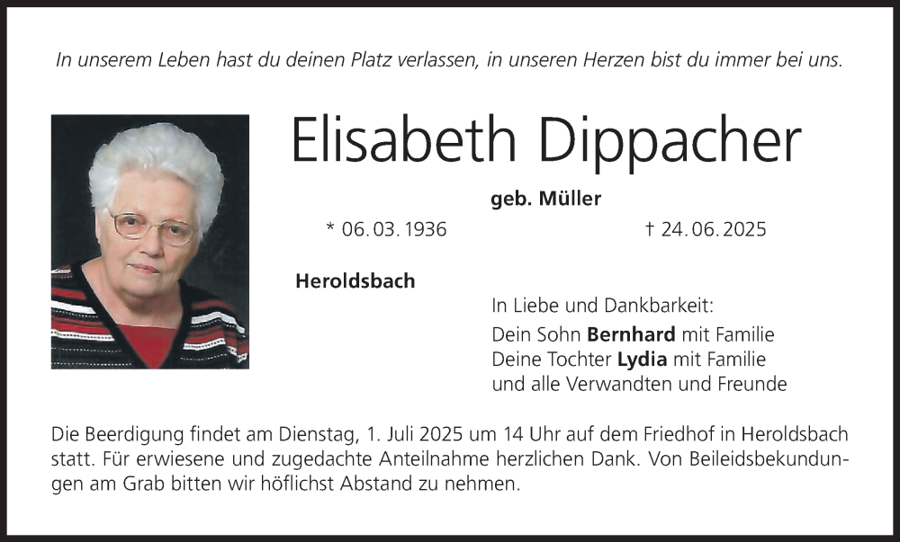  Traueranzeige für Elisabeth Dippacher vom 27.06.2025 aus MGO