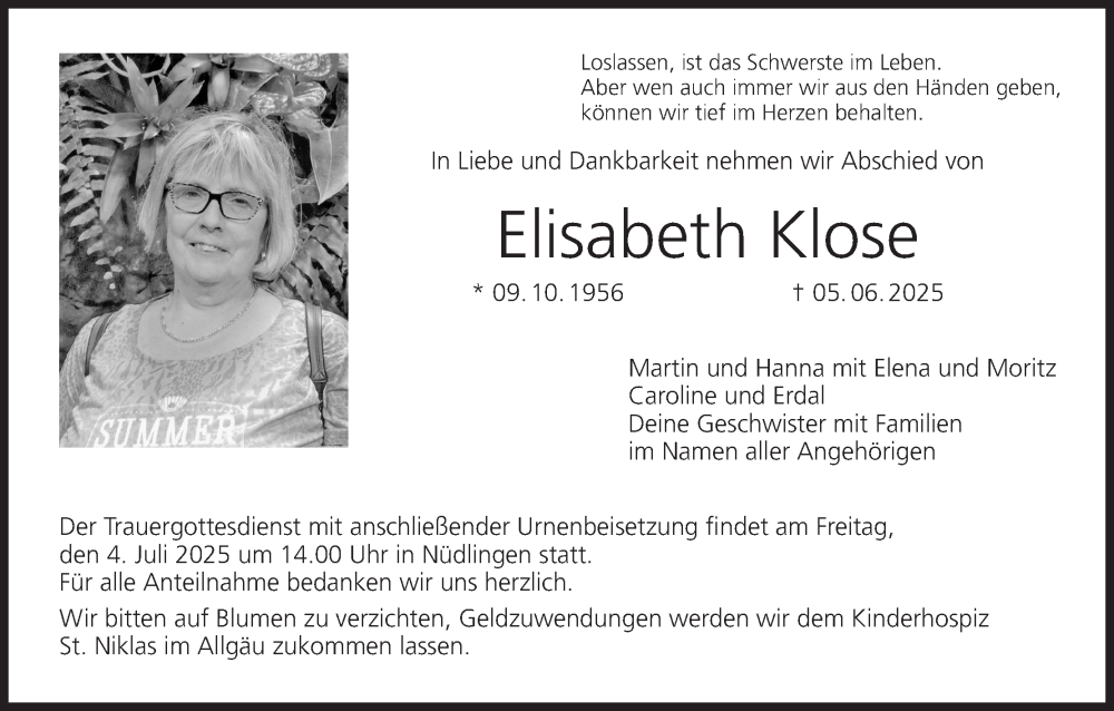  Traueranzeige für Elisabeth Klose vom 28.06.2025 aus MGO
