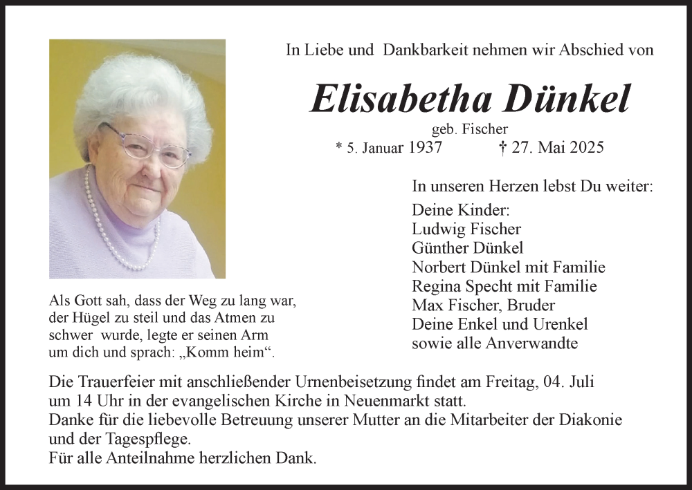  Traueranzeige für Elisabetha Dünkel vom 28.06.2025 aus MGO