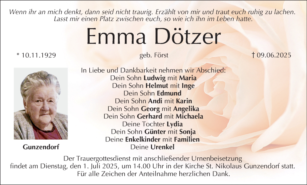  Traueranzeige für Emma Dötzer vom 28.06.2025 aus MGO