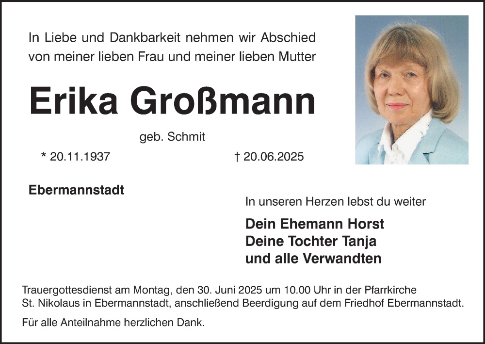  Traueranzeige für Erika Großmann vom 28.06.2025 aus MGO