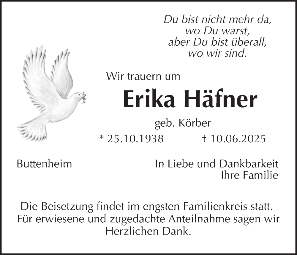  Traueranzeige für Erika Häfner vom 21.06.2025 aus MGO
