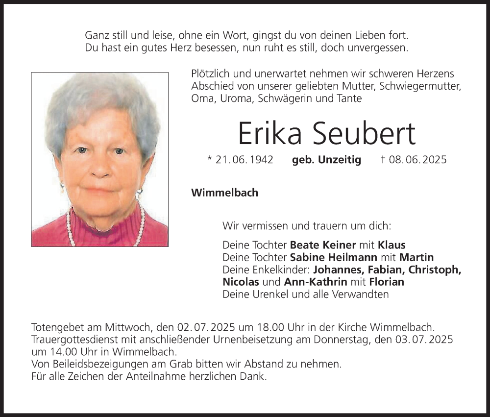  Traueranzeige für Erika Seubert vom 28.06.2025 aus MGO
