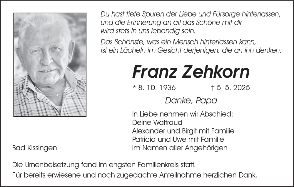  Traueranzeige für Franz Zehkorn vom 24.05.2025 aus MGO