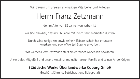 Anzeige von Franz Zetzmann von MGO