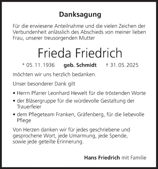 Anzeige von Frieda Friedrich von MGO