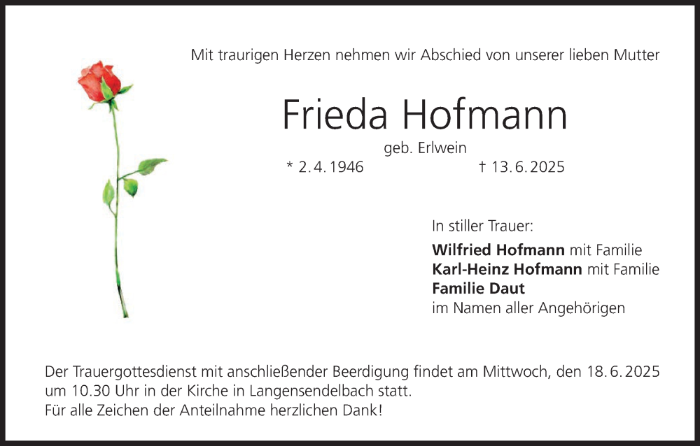  Traueranzeige für Frieda Hofmann vom 17.06.2025 aus MGO