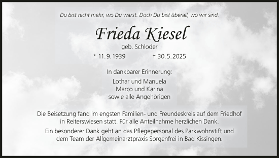 Anzeige von Frieda Kiesel von MGO